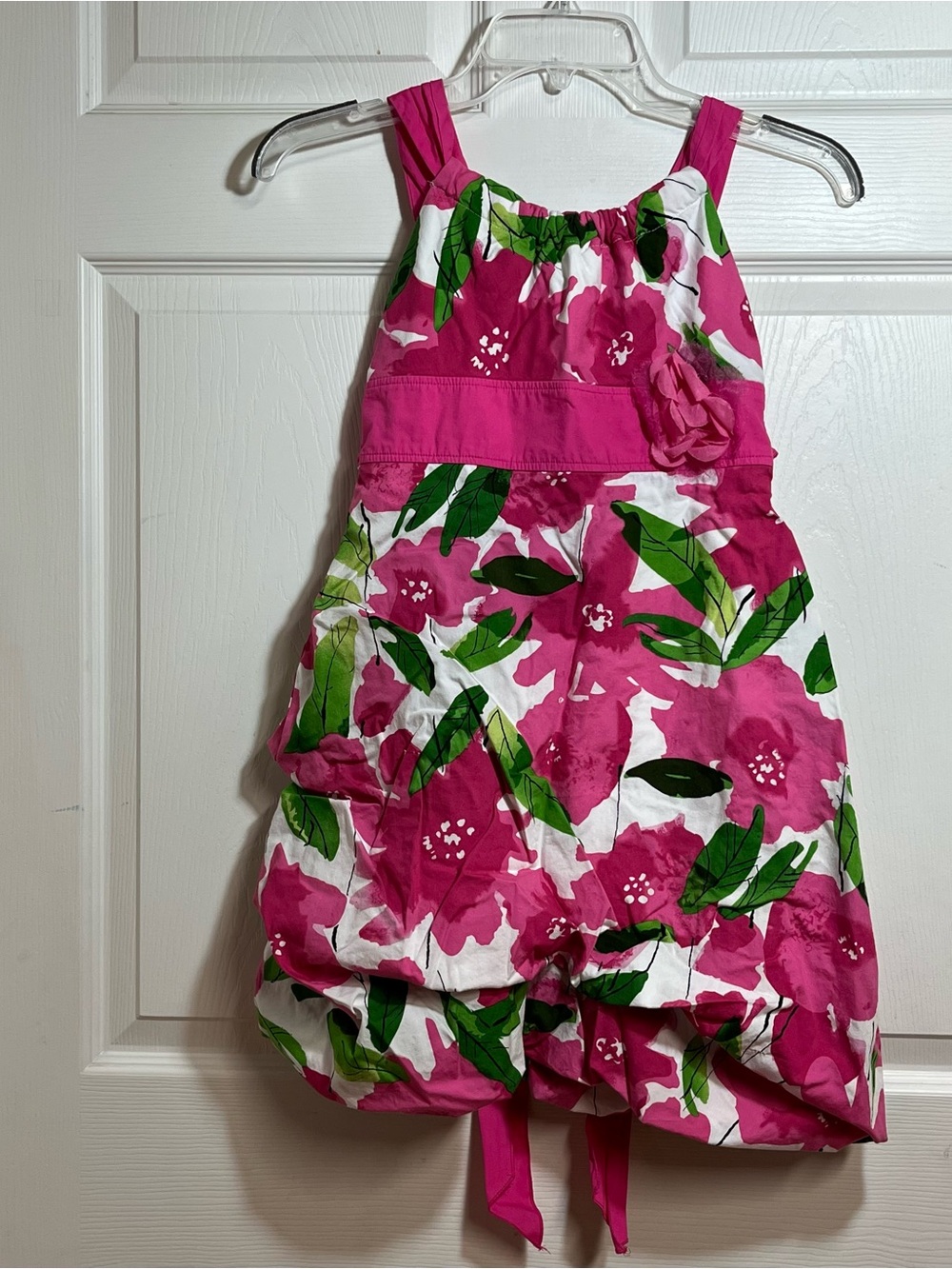 My Michelle Pink Floral Bubble Dress with Green Leaf Print